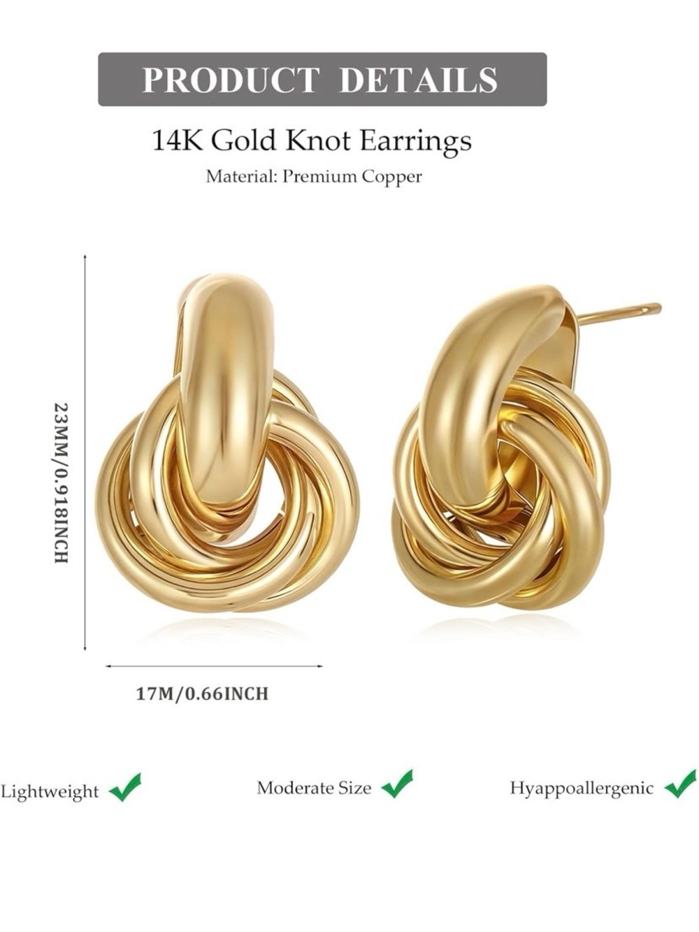 Gold Knot Stud Earrings Chunky Statement Earrings 14K Gold Tone Minimalist - Picture 2 of 6